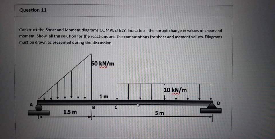 Question 11
Construct the Shear and Moment diagrams COMPLETELY. Indicate all the abrupt change in values of shear and
moment. Show all the solution for the reactions and the computations for shear and moment values. Diagrams
must be drawn as presented during the discussion.
50 kN/m
10 kN/m
1 m
1.5 m
5m
