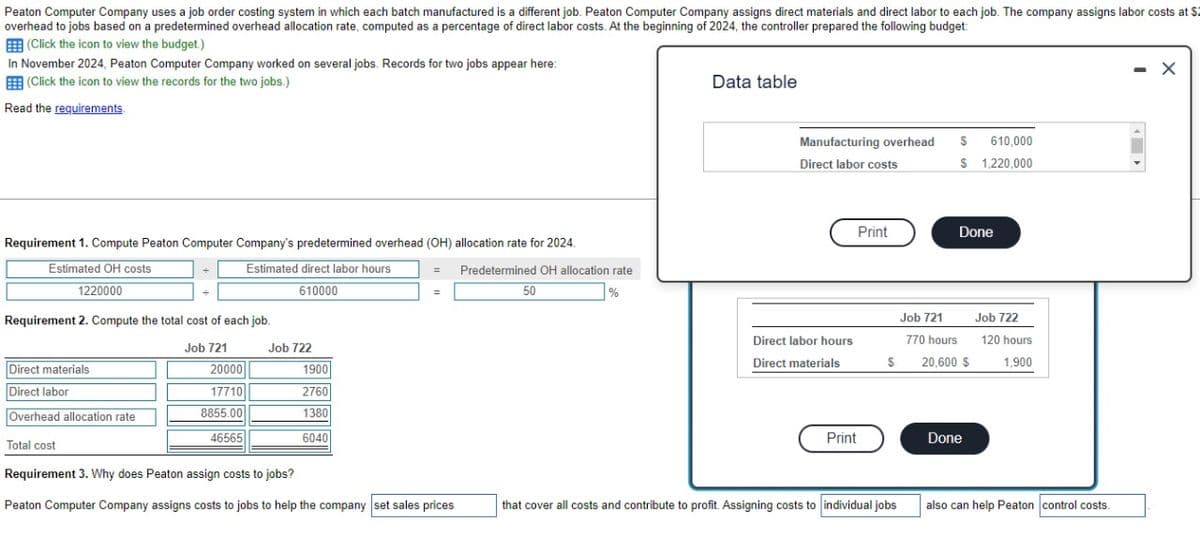 Peaton Computer Company uses a job order costing system in which each batch manufactured is a different job. Peaton Computer Company assigns direct materials and direct labor to each job. The company assigns labor costs at $2
overhead to jobs based on a predetermined overhead allocation rate, computed as a percentage of direct labor costs. At the beginning of 2024, the controller prepared the following budget:
(Click the icon to view the budget.)
In November 2024, Peaton Computer Company worked on several jobs. Records for two jobs appear here:
(Click the icon to view the records for the two jobs.)
Read the requirements.
Data table
Requirement 1. Compute Peaton Computer Company's predetermined overhead (OH) allocation rate for 2024.
Estimated OH costs
Estimated direct labor hours
610000
1220000
Requirement 2. Compute the total cost of each job.
Job 721
Job 722
Direct materials
20000
1900
Direct labor
17710
2760
Overhead allocation rate
8855.00
1380
46565
6040
Total cost
Requirement 3. Why does Peaton assign costs to jobs?
Predetermined OH allocation rate
50
%
Manufacturing overhead
Direct labor costs
$ 610,000
$ 1,220,000
Print
Done
Job 721
Job 722
Direct labor hours
Direct materials
770 hours
$
20,600 $
120 hours
1,900
Print
Done
Peaton Computer Company assigns costs to jobs to help the company set sales prices
that cover all costs and contribute to profit. Assigning costs to individual jobs
also can help Peaton control costs.