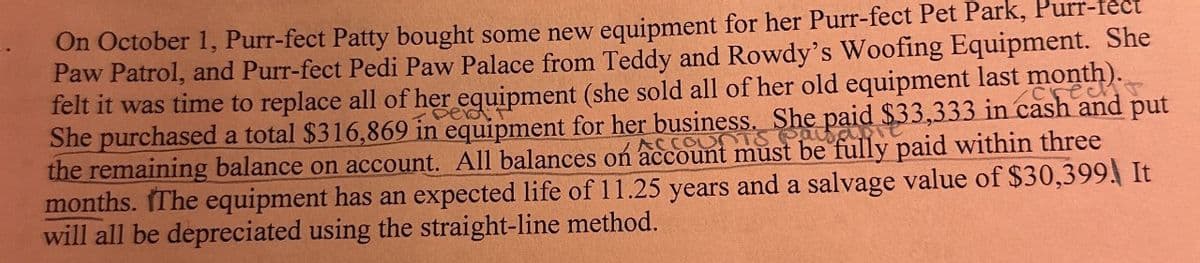 On October 1, Purr-fect Patty bought some new equipment for her Purr-fect Pet Park, Purr-fect
Paw Patrol, and Purr-fect Pedi Paw Palace from Teddy and Rowdy's Woofing Equipment. She
felt it was time to replace all of her equipment (she sold all of her old equipment last
She purchased a total $316,869 in equipment for her business. She paid $33,333 in
the remaining balance on account. All balances on account must
fully paid within three
put
months. The equipment has an expected life of 11.25 years and a salvage value of $30,399. It
will all be depreciated using the straight-line method.