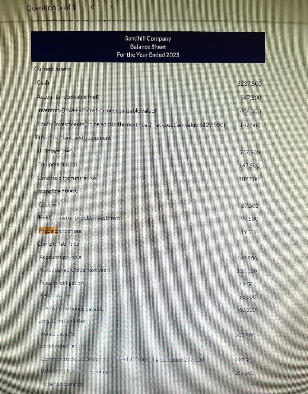 Question 5 of 5
Sandhill Company
Balance Sheet
For the Year Ended 2025
Current assets
Cash
$237.500
Accounts receivable (net)
347.500
Inventory (lower-of-cost-or-net realizable value)
408,500
Equity investments (to be sold in the next year)-at cost (fair value $127.500)
147.500
Property plant, and equipment
Buildings net
Equipment (net)
Land held for future use
Intangible assets
Goodwill
Held-to maturity debt investment
Prepaid expenses
577.500
167.500
182.500
87 500
97.500
19.500
Current liabilities
Accounts payable
142.500
(que next year)
132 500
Persi
Rente
00568
56.500
60.500
507 500
thorized 4 400,000 shares, issued 297 500
297,500
Fald-in carita, in excess
167,500
Retained e