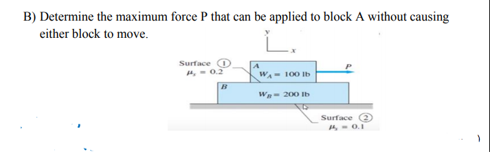 B) Determine the maximum force P that can be applied to block A without causing
either block to move.
