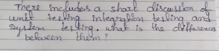 There fneludesa sharl discussion of
unit teeling întegrabion teiling and
Syslem lesting. what is fhe dilferencs
befween them?
