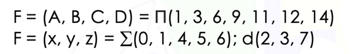 F = (A, B, C, D) = N(1, 3, 6, 9, 11, 12, 14)
F = (x, y, z) = E(0, 1, 4, 5, 6); d(2, 3, 7)
%3D
