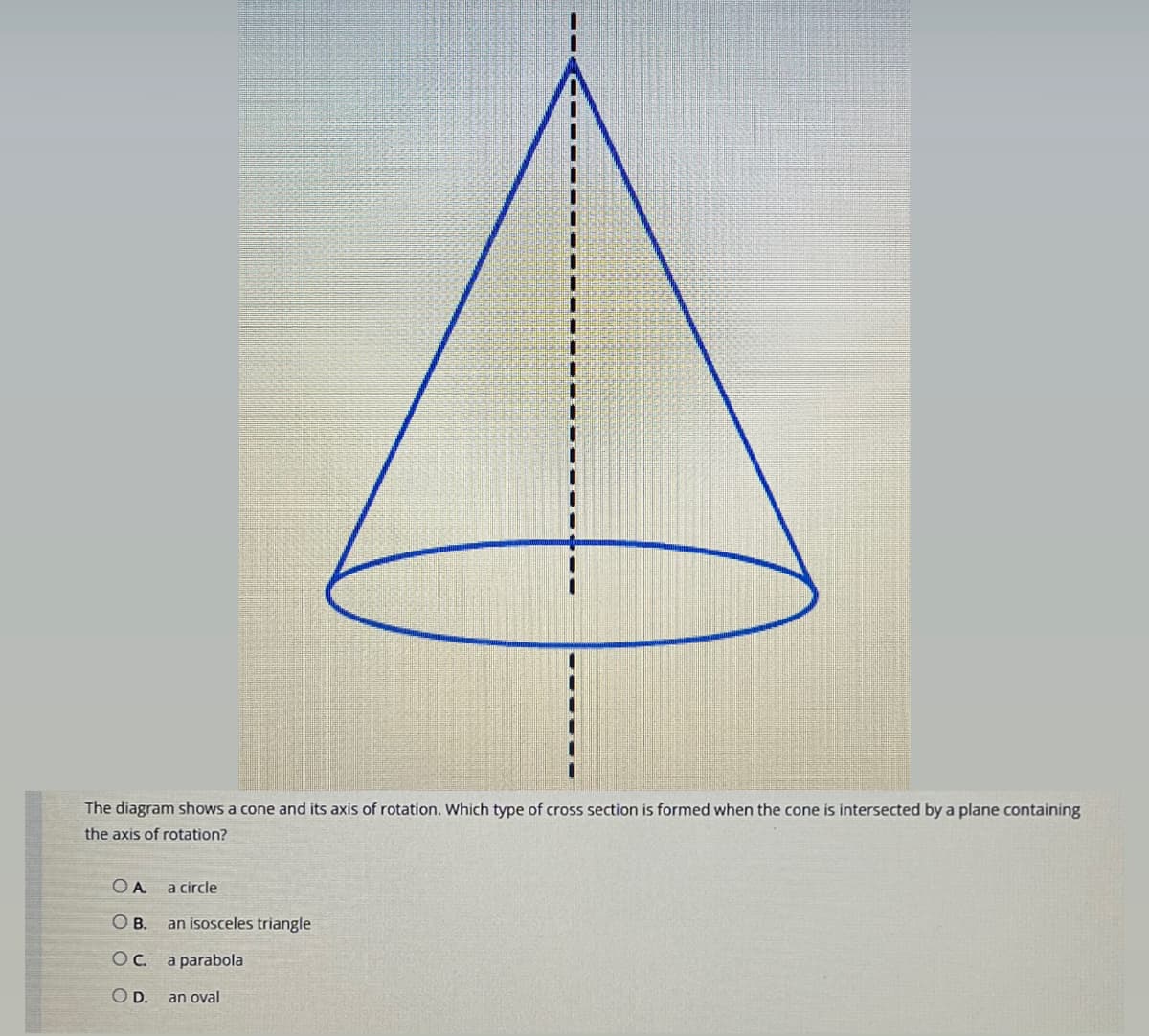 The diagram shows a cone and its axis of rotation. Which type of cross section is formed when the cone is intersected by a plane containing
the axis of rotation?
OA a circle
OB. an isosceles triangle
OC.
a parabola
O D.
an oval