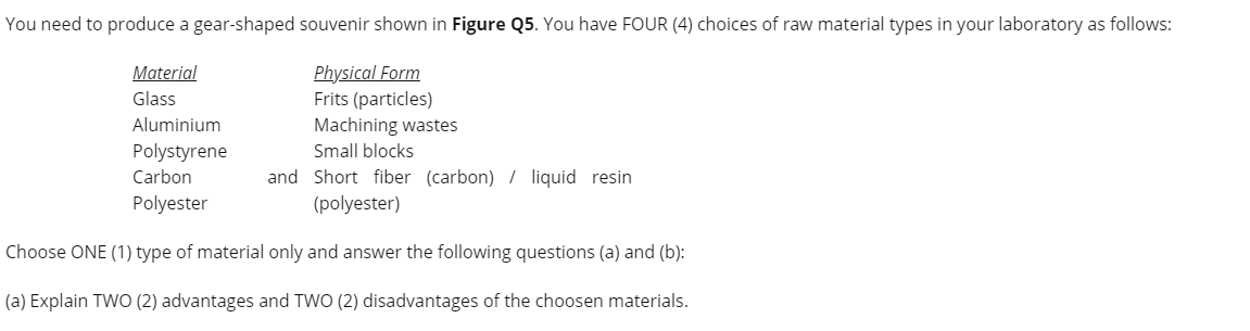 You need to produce a gear-shaped souvenir shown in Figure Q5. You have FOUR (4) choices of raw material types in your laboratory as follows:
Physical Form
Frits (particles)
Machining wastes
Material
Glass
Aluminium
Polystyrene
Small blocks
and Short fiber (carbon) / liquid resin
(polyester)
Carbon
Polyester
Choose ONE (1) type of material only and answer the following questions (a) and (b):
(a) Explain TWO (2) advantages and TWO (2) disadvantages of the choosen materials.
