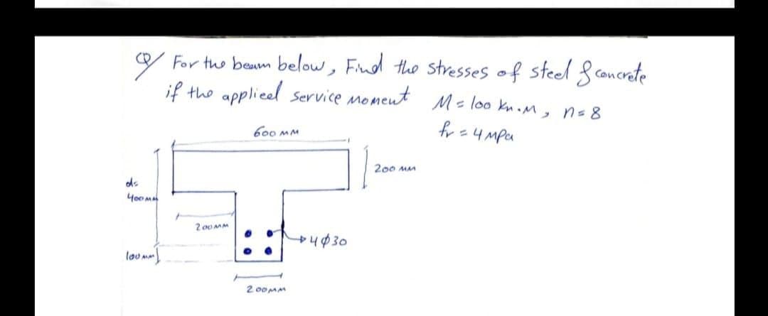 For the beam below, Find the stresses of steel & concrete
if the applied service moment M = 100kn.M, n=8
fr = 4mpa
600 MM
200 MM
os
400MM
100mm
200MM
200MM
4030