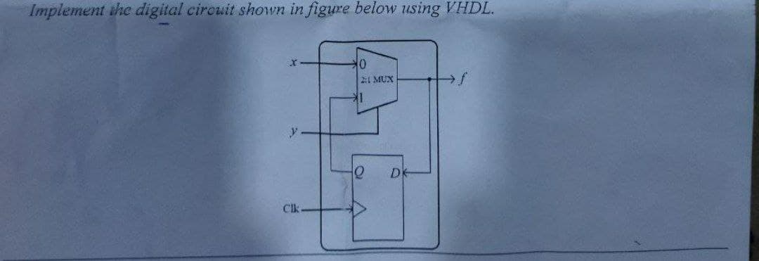 Implement the digital circuit shown in figure below using VHDL.
0
2:1 MUX
y
CIK
Q
DK