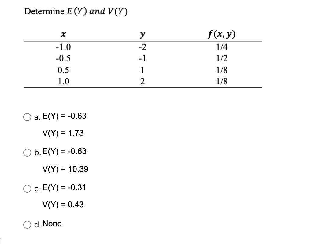 Determine E (Y) and V (Y)
y
f (x, y)
-1.0
-2
1/4
-0.5
-1
1/2
0.5
1
1/8
1.0
1/8
a. E(Y) = -0.63
%3D
V(Y) = 1.73
O b. E(Y) = -0.63
V(Y) = 10.39
%3D
O c. E(Y) = -0.31
V(Y) = 0.43
d. None
