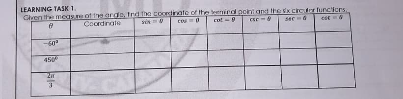 LEARNING TASK 1.
Given the measure of the angle, find the coordinate of the terminal point and the six circular functions.
Coordinate
sin = 0
cos = 0
cot = 0
csc = 0
sec = 0
cot = 0
-60°
450°
2n
CA
3.
