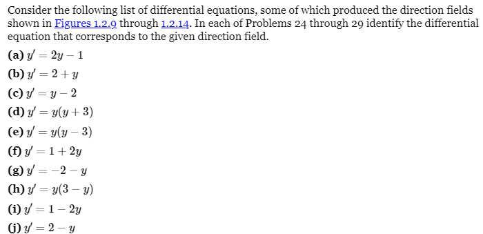 Consider the following list of differential equations, some of which produced the direction fields
shown in Figures 1.2.9 through 1.2.14. In each of Problems 24 through 29 identify the differential
equation that corresponds to the given direction field.
(a) y = 2y - 1
(b) y = 2+ y
(c) y = y 2
(d) y = y(y + 3)
(e) y = y(y - 3)
(f) y = 1 + 2y
(g) y = -2-y
(h) y = y(3-y)
(i) y = 1-2y
(j) y = 2-y