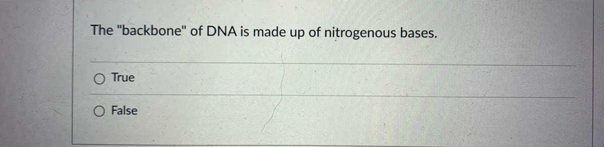 The "backbone" of DNA is made up of nitrogenous bases.
True
O False
