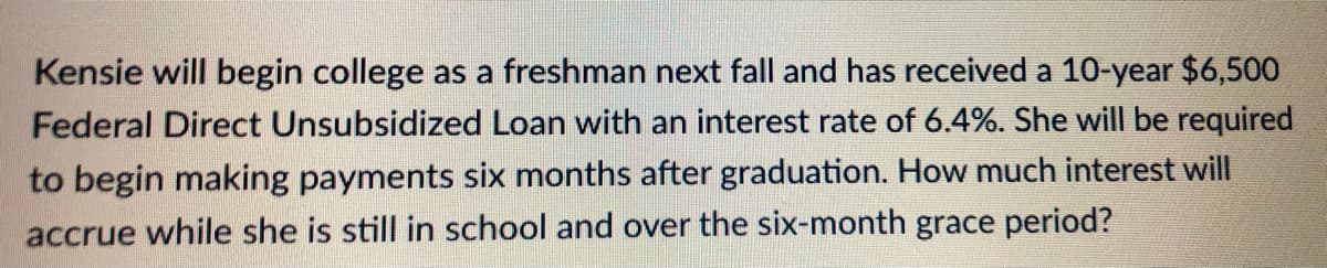 Kensie will begin college as a freshman next fall and has received a 10-year $6,500
Federal Direct Unsubsidized Loan with an interest rate of 6.4%. She will be required
to begin making payments six months after graduation. How much interest will
accrue while she is still in school and over the six-month grace period?
