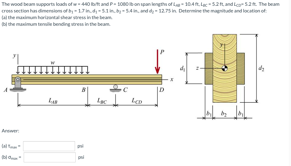 The wood beam supports loads of w = 440 lb/ft and P = 1080 lb on span lengths of LAB = 10.4 ft, LBc = 5.2 ft, and LcD= 5.2 ft. The beam
cross section has dimensions of b1 = 1.7 in., d1 = 5.1 in., b2 = 5.4 in., and d2 = 12.75 in. Determine the magnitude and location of:
(a) the maximum horizontal shear stress in the beam.
(b) the maximum tensile bending stress in the beam.
P
di
d2
В
D
A
LAB
LBC
LCD
b
b2
b
Answer:
(a) Tmax =
psi
(b) ơmax
psi
