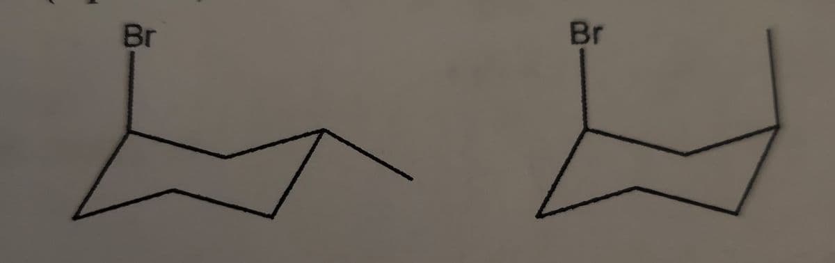 ### Cyclohexane Chair Conformations with Bromine Substitution

On this page, we examine the structural representations of cyclohexane in its chair conformation, focusing on the impact of substituting a hydrogen atom with a bromine atom (Br). The chair conformation is the most stable form of cyclohexane due to minimized steric strain.

#### Structures:

1. **Left Diagram: Cyclohexane with Equatorial Bromine Substitution**
   - This diagram shows a cyclohexane molecule in a chair conformation.
   - A bromine atom (Br) is attached to one of the carbon atoms.
   - The bromine atom is positioned equatorially, meaning it is aligned roughly parallel to the plane of the ring. This positioning minimizes steric hindrance with other substituents and is typically more stable compared to axial positions.

2. **Right Diagram: Cyclohexane with Axial Bromine Substitution**
   - Here, the cyclohexane molecule is also depicted in a chair conformation.
   - However, the bromine atom (Br) is attached in an axial position.
   - The axial position places the bromine atom perpendicular to the plane of the ring, which might introduce more steric hindrance compared to the equatorial position.

### Key Concepts:
- **Chair Conformation:**
  - A three-dimensional shape that cyclohexane adopts to relieve angle strain and torsional strain, resembling a chair.
  - Chair conformations are typically interconvertible through a process known as ring flipping.

- **Equatorial Position:**
  - Atoms or groups are positioned around the equator of the cyclohexane ring.
  - Generally more stable due to reduced steric interactions.

- **Axial Position:**
  - Atoms or groups extend perpendicular to the ring, alternating positions above and below the plane.
  - Less stable due to increased steric hindrance from 1,3-diaxial interactions.

Understanding the difference in stability between axial and equatorial positions is essential in predicting the behavior of substituted cyclohexane in chemical reactions. These diagrams illustrate the two possible positions for substituents and highlight the importance of conformational analysis in organic chemistry.