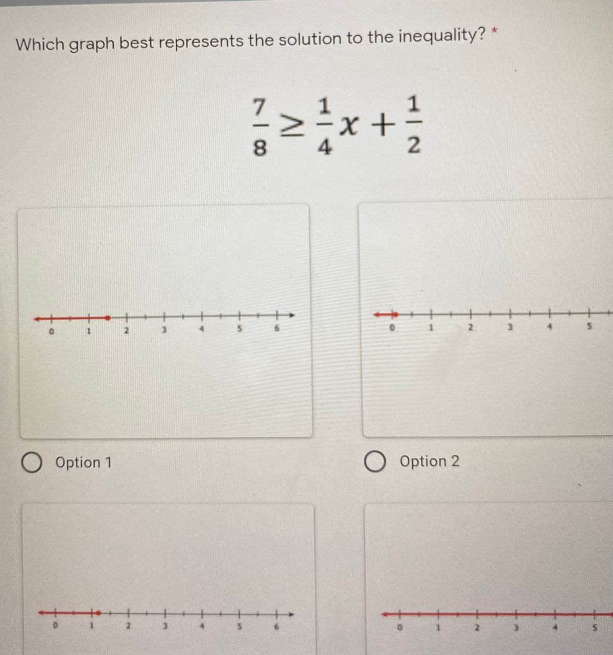 Which graph best represents the solution to the inequality?
+x-
4
of
3.
2.
Option 1
O Option 2
of
1.
3
1/2
78
