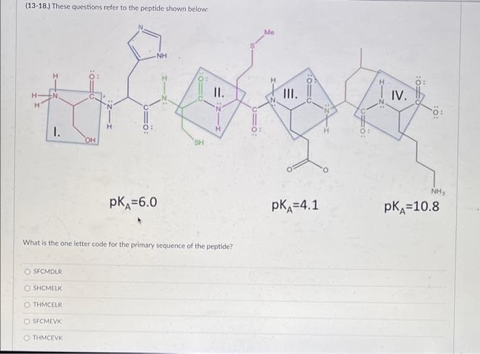 (13-18.) These questions refer to the peptide shown below:
-NH
H
II.
H
1.
PKA=6.0
What is the one letter code for the primary sequence of the peptide?
O SFCMDLR
OSHCMELK
THMCELR
O SFCMEVK
OTHMCEVK
H
OH
Me
III.
pk =4.1
IV.
NH₂
pk 10.8