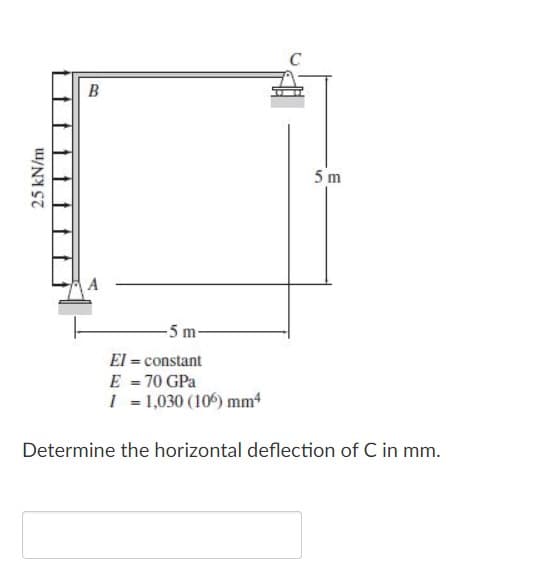 B
5 m
A
-5 m-
El = constant
E = 70 GPa
I = 1,030 (10) mm
Determine the horizontal deflection of C in mm.
25 kN/m
