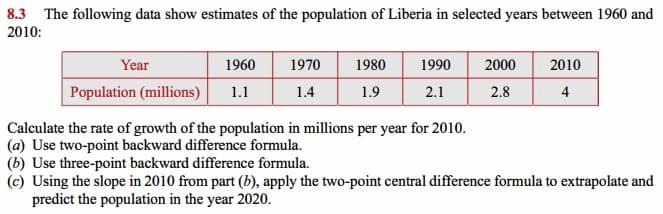 8.3 The following data show estimates of the population of Liberia in selected years between 1960 and
2010:
Year
1960
1970
1980
1990
2000
2010
Population (millions)
1.1
1.4
1.9
2.1
2.8
4
Calculate the rate of growth of the population in millions per year for 2010.
(a) Use two-point backward difference formula.
(b) Use three-point backward difference formula.
(c) Using the slope in 2010 from part (b), apply the two-point central difference formula to extrapolate and
predict the population in the year 2020.
