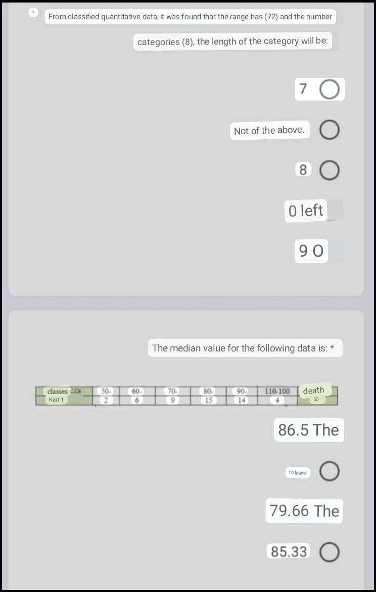 IT
From classified quantitative data, it was found that the range has (72) and the number
categories (8), the length of the category will be:
Not of the above.
8
0 left
90
The median value for the following data is: *
70-
80-
90-
death
110-100
4
9
15
14
50
86.5 The
to leave
79.66 The
85.33
classes
Kart 1
50-
2
60-
6