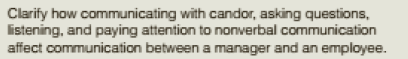 Clarify how communicating with candor, asking questions,
listening, and paying attention to nonverbal communication
affect communication between a manager and an employee.
