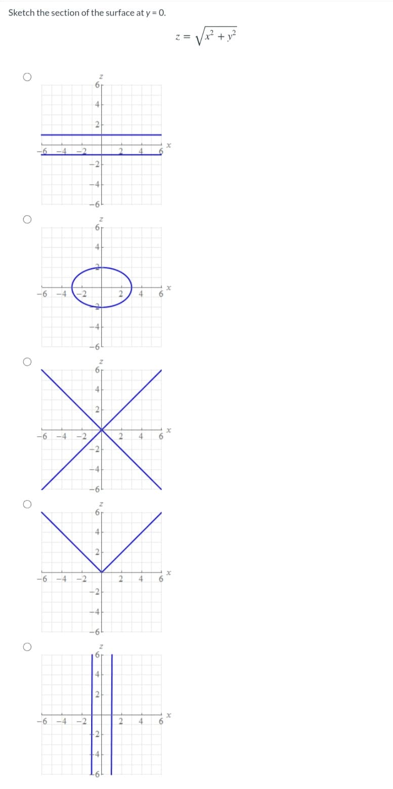 Sketch the section of the surface at y = 0.
= 2
4
-2
-41
-6
61
4
-6
--
61
4
-6
-4
6.
61
2
-6 -4
-2
6.
-2
-6
-4
-2
4.
6.
