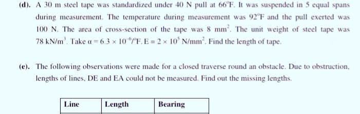 (d). A 30 m steel tape was standardized under 40 N pull at 66°F. It was suspended in 5 equal spans
during measurement. The temperature during measurement was 92°F and the pull exerted was
100 N. The area of cross-section of the tape was 8 mm². The unit weight of steel tape was
78 kN/m². Take a = 6.3 × 10 F. E= 2 × 10' N/mm². Find the length of tape.
(e). The following observations were made for a closed traverse round an obstacle. Due to obstruction,
lengths of lines, DE and EA could not be measured. Find out the missing lengths.
Line
Length
Bearing