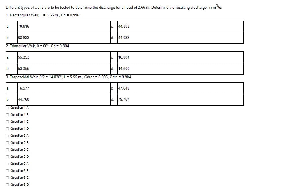 Different types of weirs are to be tested to determine the discharge for a head of 2.66 m. Determine the resulting discharge, in m3Is.
1. Rectangular Weir, L = 5.55 m., Cd = 0.996
a.
70.816
44.303
b.
68.683
d.
44.033
Triangular Weir, 0 = 66°, Cd = 0.904
a.
55.353
с.
16.004
b.
53.355
Id.
14.600
3. Trapezoidal Weir, 8/2 = 14.036°, L= 5.55 m., Cdrec = 0.996, Cdtri = 0,904
ja.
76.977
47 640
с.
b.
44.760
d. 79.767
O Question 1-A
O Question 1-B
O Question 1-C
O Question 1-D
O Question 2-A
O Question 2-B
O Question 2-C
O Question 2-D
O Question 3-A
O Question 3-B
O Question 3-C
O Question 3-D

