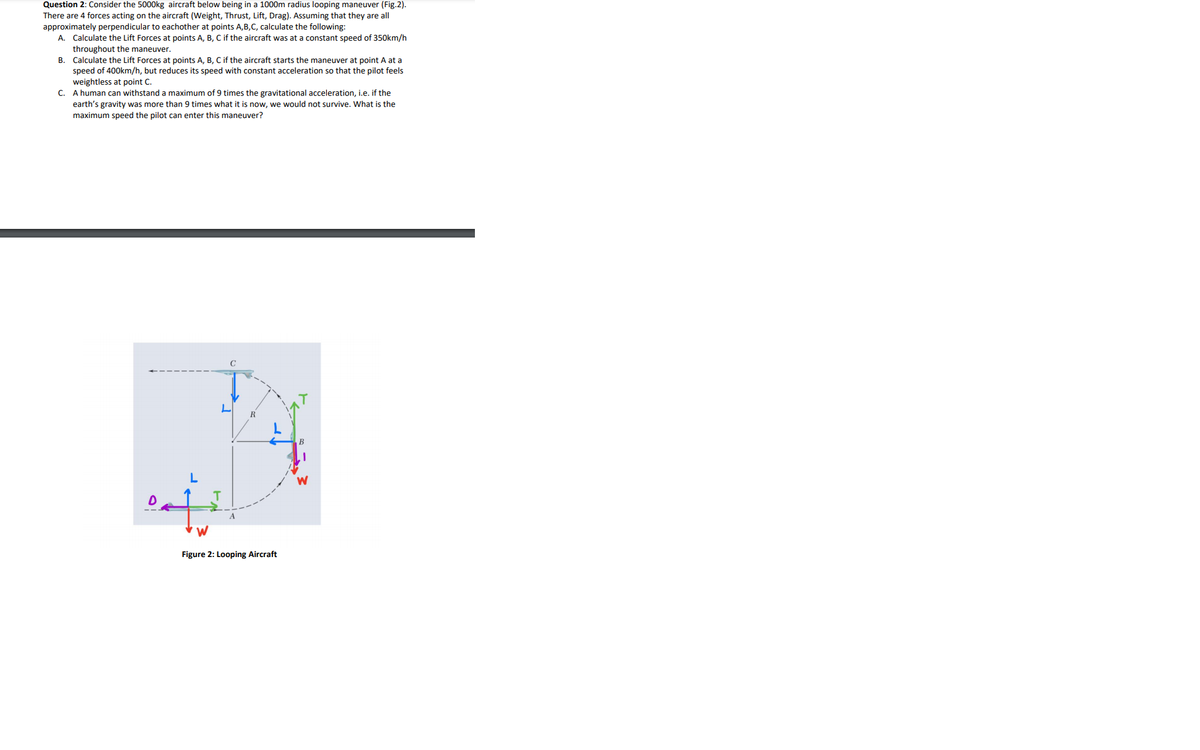 Question 2: Consider the 5000kg aircraft below being in a 1000m radius looping maneuver (Fig.2).
There are 4 forces acting on the aircraft (Weight, Thrust, Lift, Drag). Assuming that they are all
approximately perpendicular to eachother at points A,B,C, calculate the following:
A. Calculate the Lift Forces at points A, B, C if the aircraft was at a constant speed of 350km/h
throughout the maneuver.
B. Calculate the Lift Forces at points A, B, C if the aircraft starts the maneuver at point A at a
speed of 400km/h, but reduces its speed with constant acceleration so that the pilot feels
weightless at point C.
C. A human can withstand
earth's gravity was more than 9 times what it is now, we would not survive. What is the
maximum of 9 times the gravitational acceleration, i.e. if the
maximum speed the pilot can enter this maneuver?
Figure 2: Looping Aircraft
