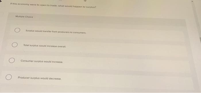 If this economy were to open to trade, what would happen to surplus?
Multiple Choice
Surplus would transfer from producers to consumers.
Total surplus would increase overall.
Consumer surplus would increase.
Producer surplus would decrease.