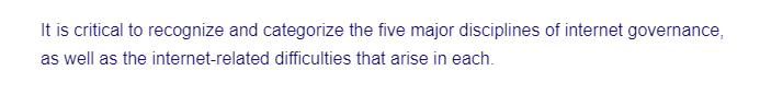 It is critical to recognize and categorize the five major disciplines of internet governance,
as well as the internet-related difficulties that arise in each.