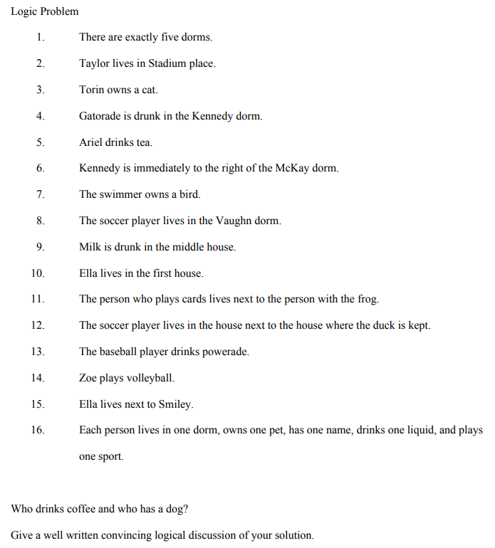 Logic Problem
1.
2.
3.
4.
5.
6.
7.
8.
9.
10.
11.
12.
13.
14.
15.
16.
There are exactly five dorms.
Taylor lives in Stadium place.
Torin owns a cat.
Gatorade is drunk in the Kennedy dorm.
Ariel drinks tea.
Kennedy is immediately to the right of the McKay dorm.
The swimmer owns a bird.
The soccer player lives in the Vaughn dorm.
Milk is drunk in the middle house.
Ella lives in the first house.
The person who plays cards lives next to the person with the frog.
The soccer player lives in the house next to the house where the duck is kept.
The baseball player drinks powerade.
Zoe plays volleyball.
Ella lives next to Smiley.
Each person lives in one dorm, owns one pet, has one name, drinks one liquid, and plays
one sport.
Who drinks coffee and who has a dog?
Give a well written convincing logical discussion of your solution.