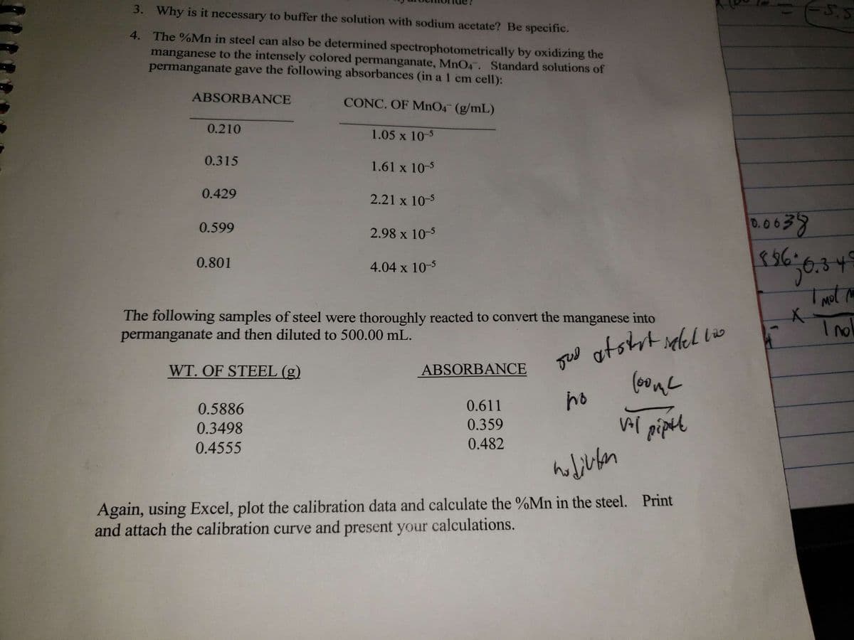 3. Why is it necessary to buffer the solution with sodium acetate? Be specific.
4.
The %Mn in steel can also be determined spectrophotometrically by oxidizing the
manganese to the intensely colored permanganate, MnO4. Standard solutions of
permanganate gave the following absorbances (in a 1 cm cell):
ABSORBANCE
CONC. OF MnO4 (g/mL)
1.05 x 10-5
0.210
0.315
0.429
0.599
0.801
1.61 x 10-5
0.5886
0.3498
0.4555
2.21 x 10-5
2.98 x 10-5
4.04 x 10-5
The following samples of steel were thoroughly reacted to convert the manganese into
permanganate and then diluted to 500.00 mL.
WT. OF STEEL (g)
ABSORBANCE
0.611
0.359
0.482
god at start stel 100
(00m²
ho
vai pipitt
nodivlen
Again, using Excel, plot the calibration data and calculate the %Mn in the steel. Print
and attach the calibration curve and present your calculations.
-5.5
0.0038
8.36 0.34²
I met M
X
I no