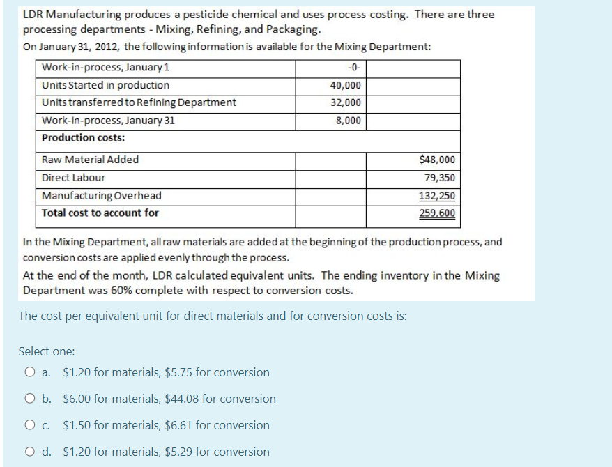 LDR Manufacturing produces a pesticide chemical and uses process costing. There are three
processing departments - Mixing, Refining, and Packaging.
On January 31, 2012, the following information is available for the Mixing Department:
-0-
Work-in-process, January 1
Units Started in production
Units transferred to Refining Department
Work-in-process, January 31
Production costs:
Raw Material Added
Direct Labour
Manufacturing Overhead
Total cost to account for
40,000
32,000
8,000
$48,000
79,350
132,250
259,600
In the Mixing Department, all raw materials are added at the beginning of the production process, and
conversion costs are applied evenly through the process.
Select one:
O a. $1.20 for materials, $5.75 for conversion
O b. $6.00 for materials, $44.08 for conversion
O c. $1.50 for materials, $6.61 for conversion
O d. $1.20 for materials, $5.29 for conversion
At the end of the month, LDR calculated equivalent units. The ending inventory in the Mixing
Department was 60% complete with respect to conversion costs.
The cost per equivalent unit for direct materials and for conversion costs is: