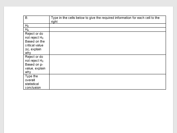 В.
Type in the cells below to give the required information for each cell to the
right
Ho
Н.
Reject or do
not reject Ho
Based on the
critical value
(s), explain
why
Reject or do
not reject H.
Based on p-
value, explain
why
Type the
overall
statistical
conclusion
