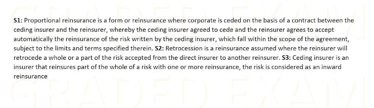 S1: Proportional reinsurance is a form or reinsurance where corporate is ceded on the basis of a contract between the
ceding insurer and the reinsurer, whereby the ceding insurer agreed to cede and the reinsurer agrees to accept
automatically the reinsurance of the risk written by the ceding insurer, which fall within the scope of the agreement,
subject to the limits and terms specified therein. S2: Retrocession is a reinsurance assumed where the reinsurer will
retrocede a whole or a part of the risk accepted from the direct insurer to another reinsurer. S3: Ceding insurer is an
insurer that reinsures part of the whole of a risk with one or more reinsurance, the risk is considered as an inward
reinsurance
