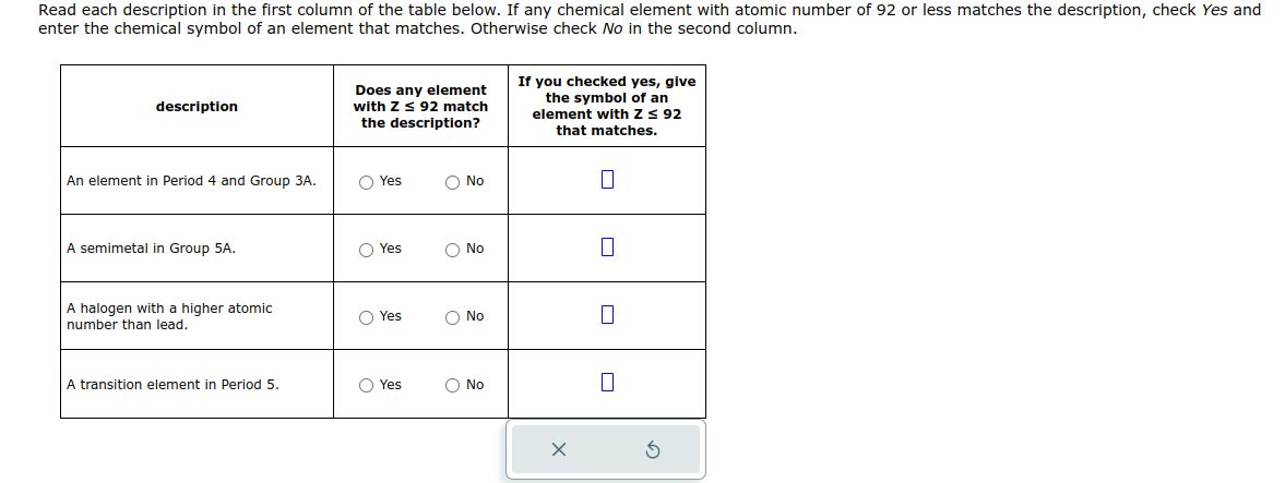 Read each description in the first column of the table below. If any chemical element with atomic number of 92 or less matches the description, check Yes and
enter the chemical symbol of an element that matches. Otherwise check No in the second column.
description
An element in Period 4 and Group 3A.
A semimetal in Group 5A.
A halogen with a higher atomic
number than lead.
A transition element in Period 5.
Does any element
with Z≤ 92 match
the description?
O Yes
Yes
Yes
O Yes
O No
O No
O No
O No
If you checked yes, give
the symbol of an
element with Z ≤ 92
that matches.
X
5