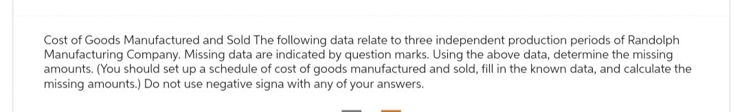 Cost of Goods Manufactured and Sold The following data relate to three independent production periods of Randolph
Manufacturing Company. Missing data are indicated by question marks. Using the above data, determine the missing
amounts. (You should set up a schedule of cost of goods manufactured and sold, fill in the known data, and calculate the
missing amounts.) Do not use negative signa with any of your answers.