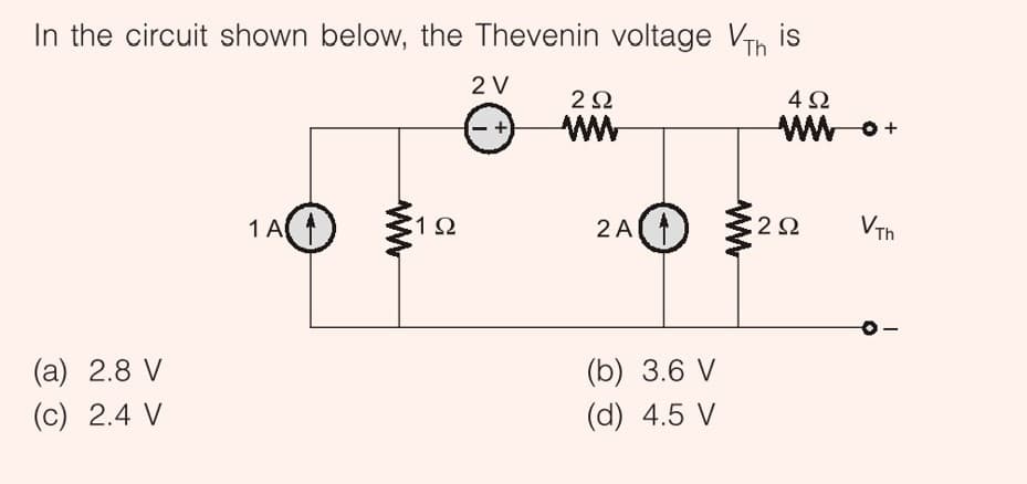 In the circuit shown below, the Thevenin voltage VTh is
2 V
2Ω
ww
WW O+
1 A
1 Ω
2 A()
:2 2
VTh
(а) 2.8 V
(b) 3.6 V
(c) 2.4 V
(d) 4.5 V
ww
ww
