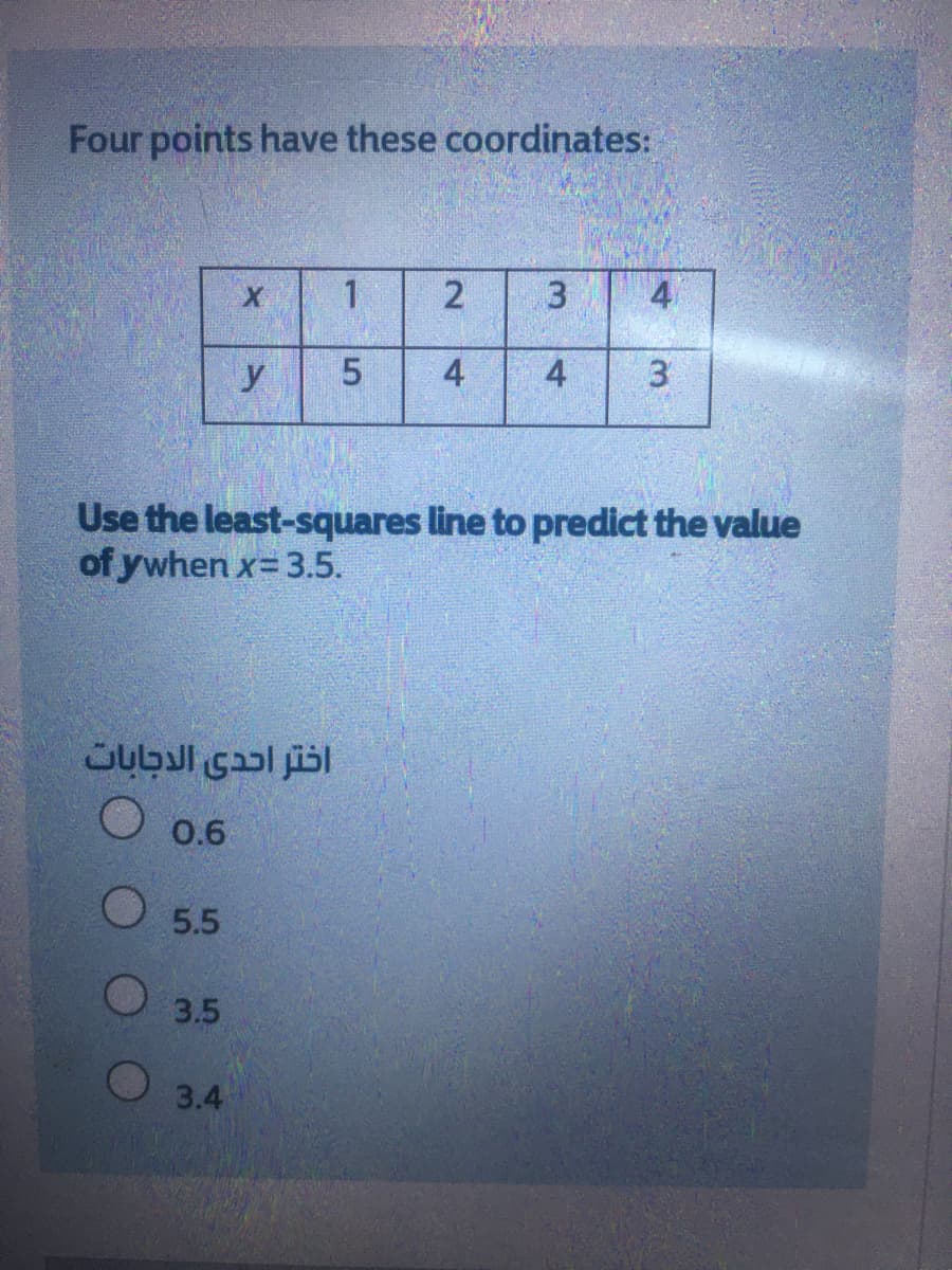 Four points have these coordinates:
3
4
4
4
3
y
Use the least-squares line to predict the value
of ywhen x= 3.5.
اختر احدى الدجابات
0.6
O 5.5
О 35
3.4
