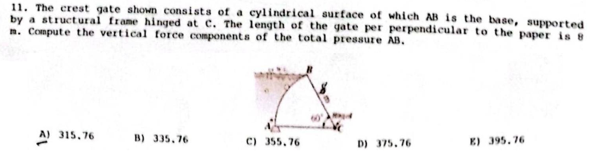 11. The crest gate shown consists of a cylindrical surface of which AB is the base, supported
by a structural frame hinged at C. The length of the gate per perpendicular to the paper is 8
m. Compute the vertical force components of the total pressure AB.
A) 315.76
B) 335.76
C) 355.76
D) 375.76
E) 395.76