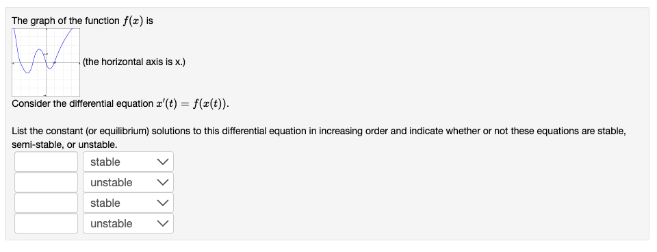 The graph of the function f(x) is
(the horizontal axis is x.)
Consider the differential equation à'(t) = f(x(t)).
List the constant (or equilibrium) solutions to this differential equation in increasing order and indicate whether or not these equations are stable,
semi-stable, or unstable.
stable
unstable
stable
unstable