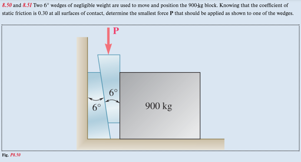 8.50 and 8.51 Two 6° wedges of negligible weight are used to move and position the 900-kg block. Knowing that the coefficient of
static friction is 0.30 at all surfaces of contact, determine the smallest force P that should be applied as shown to one of the wedges.
Fig. P8.50
900 kg
