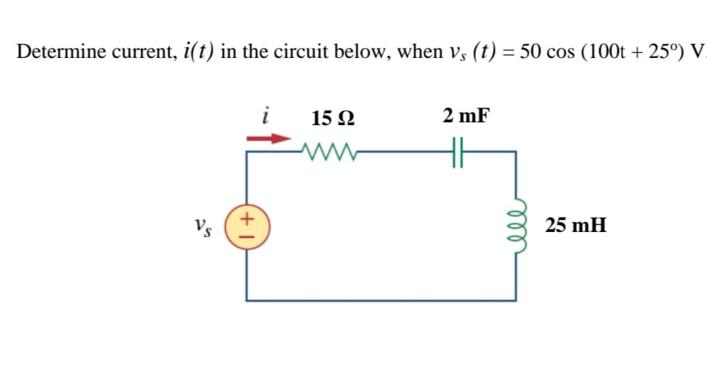 Determine current, i(t) in the circuit below, when vs (t) = 50 cos (100t + 25°) V.
i
15 2
2 mF
25 mH
all
