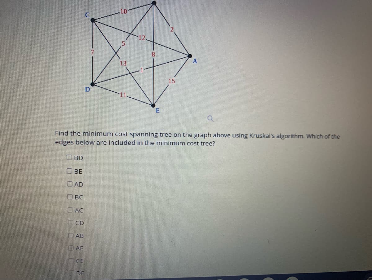 10
8.
13
A
15
E
Find the minimum cost spanning tree on the graph above using Kruskal's algorithm. Which of the
edges below are included in the minimum cost tree?
O BD
O BE
O AD
BC
O AC
OCD
DAB
OAE
E CE
DE
