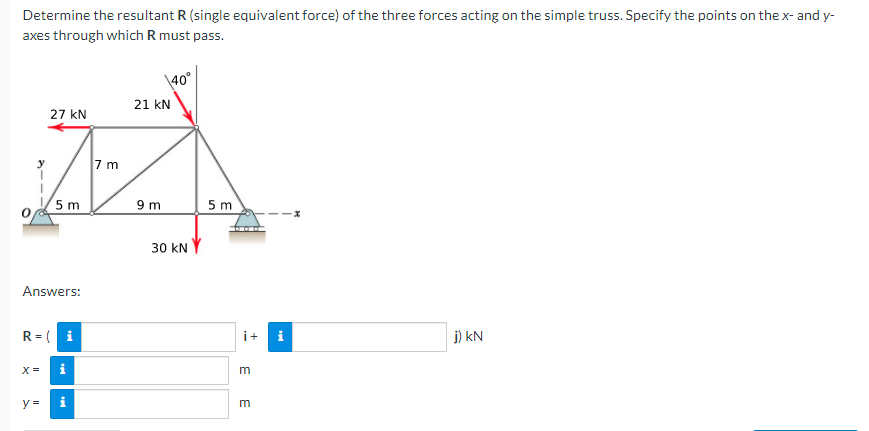 Determine the resultant R (single equivalent force) of the three forces acting on the simple truss. Specify the points on the x- and y-
axes through which R must pass.
\40°
21 kN
27 kN
7 m
9 m
5 m
5 m
30 kN
Answers:
R = (
i
i+ i
j) kN
X =
i
y =
