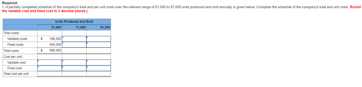 Required:
1. A partially completed schedule of the company's total and per unit costs over the relevant range of 51,000 to 91,000 units produced and sold annually is given below: Complete the schedule of the company's total and unit costs. Round
the variable cost and fixed cost to 2 decimal places.)
Units Produced and Sold
51,000
71,000
91,000
Total costs:
Variable costs
$
168,300
Fixed costs
400,000
Total costs
$
568,300
Cost per unit:
Variable cost
Fixed cost
Total cost per unit
