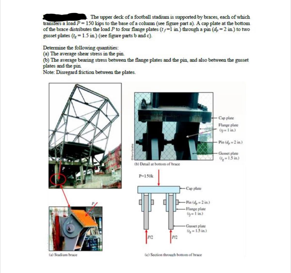 The upper deck of a football stadium is supported by braces, each of which
transfers a load P = 150 kips to the base of a column (see figure part a). A cap plate at the bottom
of the brace distributes the load P to four flange plates (t-1 in.) through a pin (d, = 2 in.) to two
gusset plates (t = 1.5 in.) (see figure parts b and c).
Determine the following quantities:
(a) The average shear stress in the pin
(b) The average bearing stress between the flange plates and the pin, and also between the gusset
plates and the pin
Note: Disregard friction between the plates.
(a) Stadium brace
元
(b) Detail at bottom of brace
P=150k
P12
P12
Cap plate
-Pin (dp-2 in.)
-Flange plate
(y=1 in.)
Gusset plate
(1g=1.5 in.)
(c) Section through bottom of brace
Cap plate
Flange plate
(y=1 in.)
Pin (dp-2 in.)
Gusset plate
(g-1.5 in.)