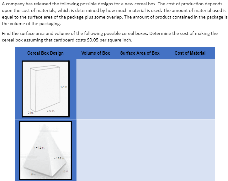 A company has released the following possible designs for a new cereal box. The cost of production depends
upon the cost of materials, which is determined by how much material is used. The amount of material used is
equal to the surface area of the package plus some overlap. The amount of product contained in the package is
the volume of the packaging.
Find the surface area and volume of the following possible cereal boxes. Determine the cost of making the
cereal box assuming that cardboard costs $0.05 per square inch.
Cereal Box Design
Volume of Box
Surface Area of Box
Cost of Material
12 in.
7.5 in.
2 in.
h-12ir.
1- 12.6 in
6 in.
B in.
