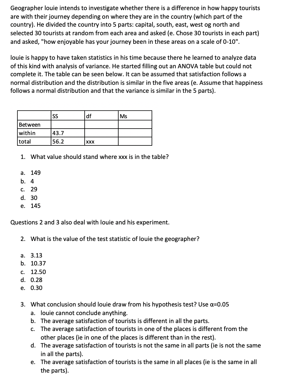 Geographer louie intends to investigate whether there is a difference in how happy tourists
are with their journey depending on where they are in the country (which part of the
country). He divided the country into 5 parts: capital, south, east, west og north and
selected 30 tourists at random from each area and asked (e. Chose 30 tourists in each part)
and asked, "how enjoyable has your journey been in these areas on a scale of 0-10".
louie is happy to have taken statistics in his time because there he learned to analyze data
of this kind with analysis of variance. He started filling out an ANOVA table but could not
complete it. The table can be seen below. It can be assumed that satisfaction follows a
normal distribution and the distribution is similar in the five areas (e. Assume that happiness
follows a normal distribution and that the variance is similar in the 5 parts).
SS
df
Ms
Between
within
43.7
total
56.2
XXX
1. What value should stand where xxx is in the table?
а. 149
b. 4
с. 29
d. 30
е. 145
Questions 2 and 3 also deal with louie and his experiment.
2. What is the value of the test statistic of louie the geographer?
а. 3.13
b. 10.37
С.
12.50
d. 0.28
е. О.30
3. What conclusion should louie draw from his hypothesis test? Use a=0.05
a. louie cannot conclude anything.
b. The average satisfaction of tourists is different in all the parts.
c. The average satisfaction of tourists in one of the places is different from the
other places (ie in one of the places is different than in the rest).
d. The average satisfaction of tourists is not the same in all parts (ie is not the same
in all the parts).
e. The average satisfaction of tourists is the same in all places (ie is the same in all
the parts).
