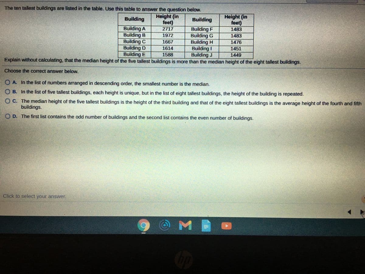 The ten tallest buildings are listed in the table. Use this table to answer the question below.
Height (in
feet)
Height (in
feet)
Building
Building
Building A
Building B
Building C
Building D
Building E
Building F
Building G
Building H
Building I
Building J
2717
1483
1972
1483
1476
1667
1614
1451
1588
1449
Explain without calculating, that the median height of the five tallest buildings is more than the median height of the eight tallest buildings.
Choose the correct answer below.
O A. In the list of numbers arranged in descending order, the smallest number is the median.
O B. In the list of five tallest buildings, each height is unique, but in the list of eight tallest buildings, the height of the building is repeated.
O C. The median height of the five tallest buildings is the height of the third building and that of the eight tallest buildings is the average height of the fourth and fifth
buildings.
O D. The first list contains the odd number of buildings and the second list contains the even number of buildings.
Click to select your answer.
O M
